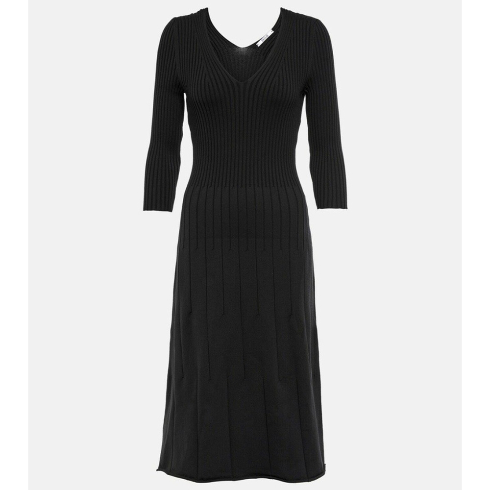 NWT $800 Wolford V Neck Merino Rib Midi Dress Black XS Luxury Business Career